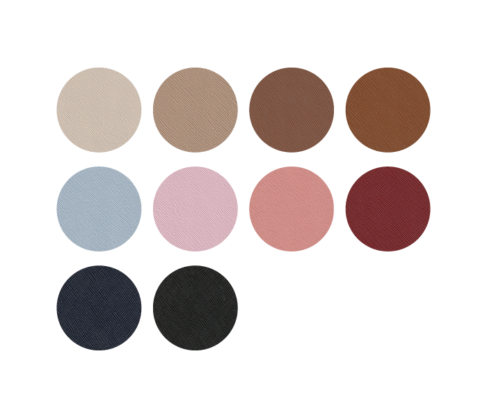 Color palette swatches showing nude, brown, pink, mauve, burgundy, navy, and black tones for makeup or fashion.