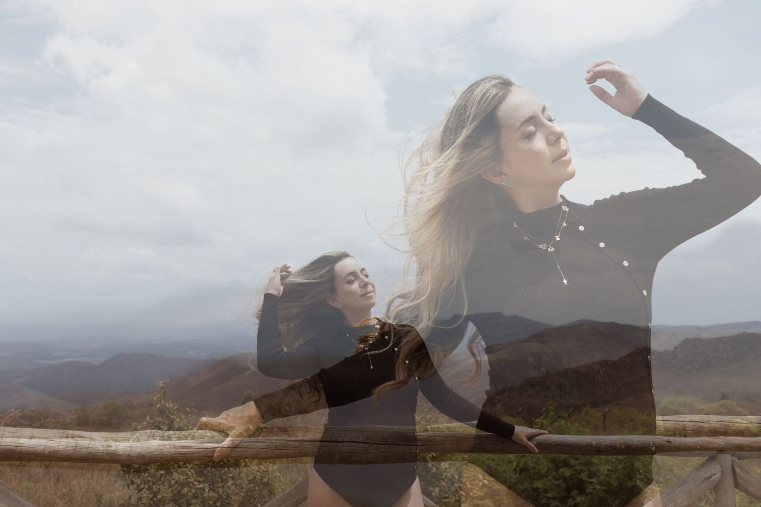 A sequence of overlapping silhouettes shows a person's graceful movement against a misty mountain landscape background.