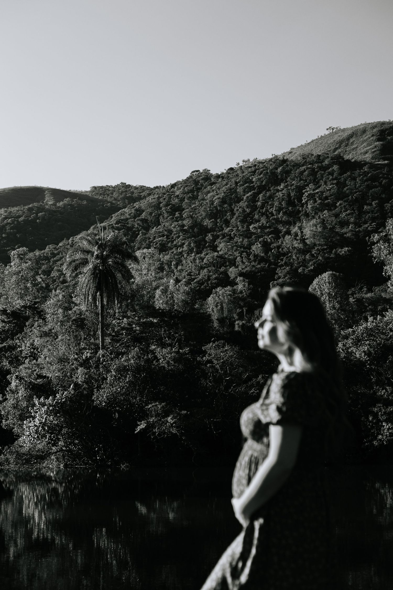 Silhouette of pregnant woman gazing at mountain landscape with lake reflection.