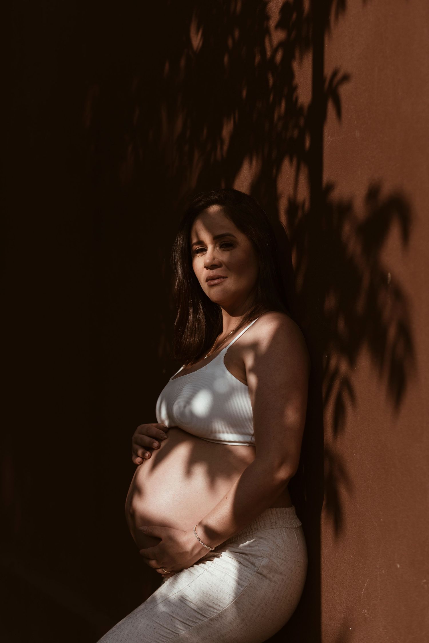 Moody maternity portrait with palm frond shadows cast across expectant mother in warm lighting.