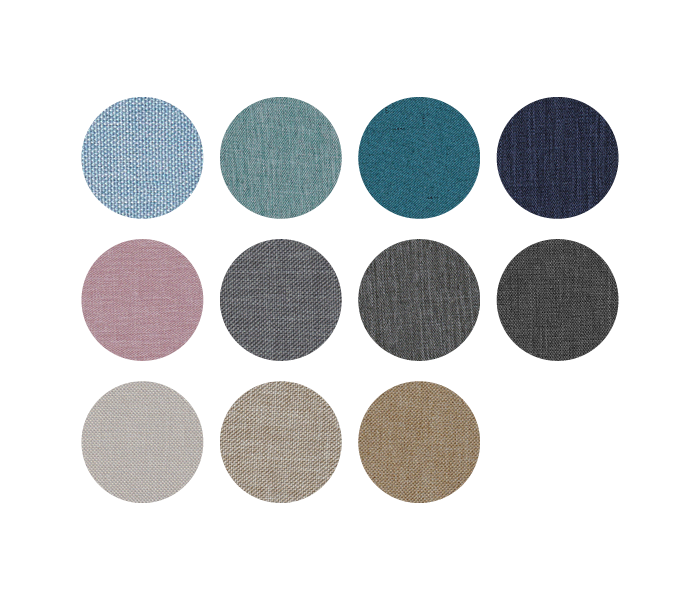 Fabric swatch color palette showing 11 circular samples in blues, grays, pink, beige, and tan tones.