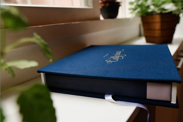 A navy blue hardcover book with a gold emblem sits on a white surface near green plants by a bright window.