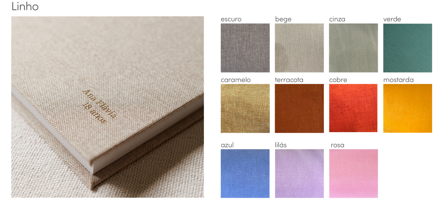 Linho fabric sample book with color swatches including beige, terracotta, green, yellow, blue, and pink linen textile options.