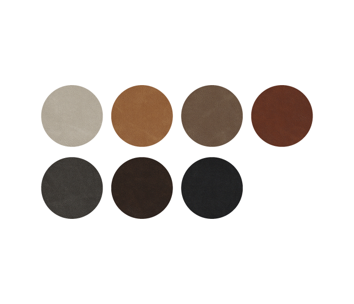 Seven round leather swatches in shades of beige, tan, taupe, rust, charcoal, brown, and black.
