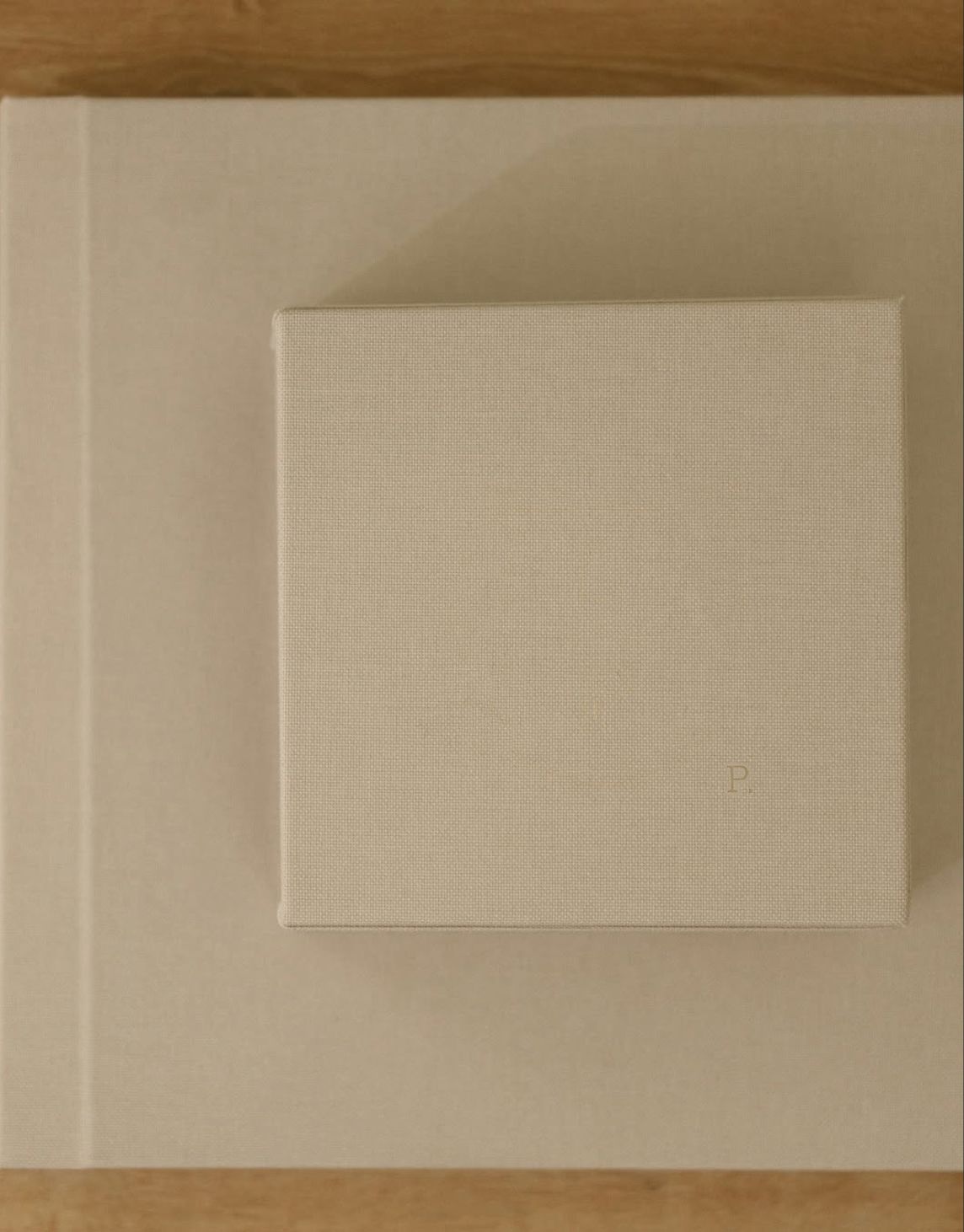 Two neutral beige linen-covered photo albums stacked on a wooden surface, minimalist design.
