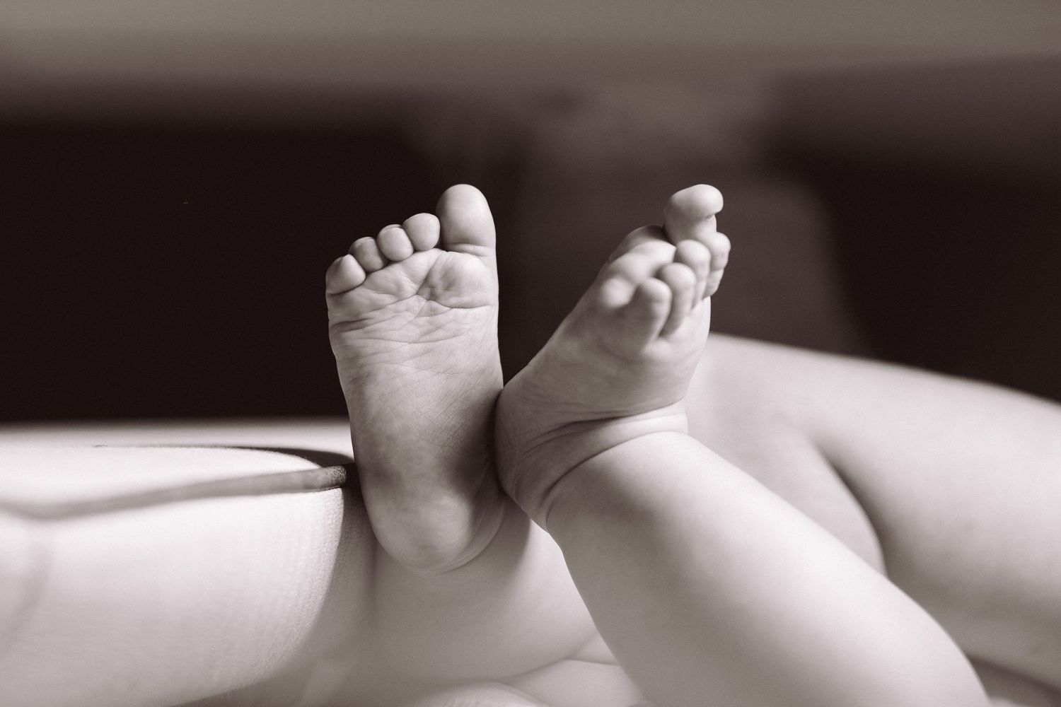 Close-up black and white photo of newborn baby feet resting on a soft white blanket.