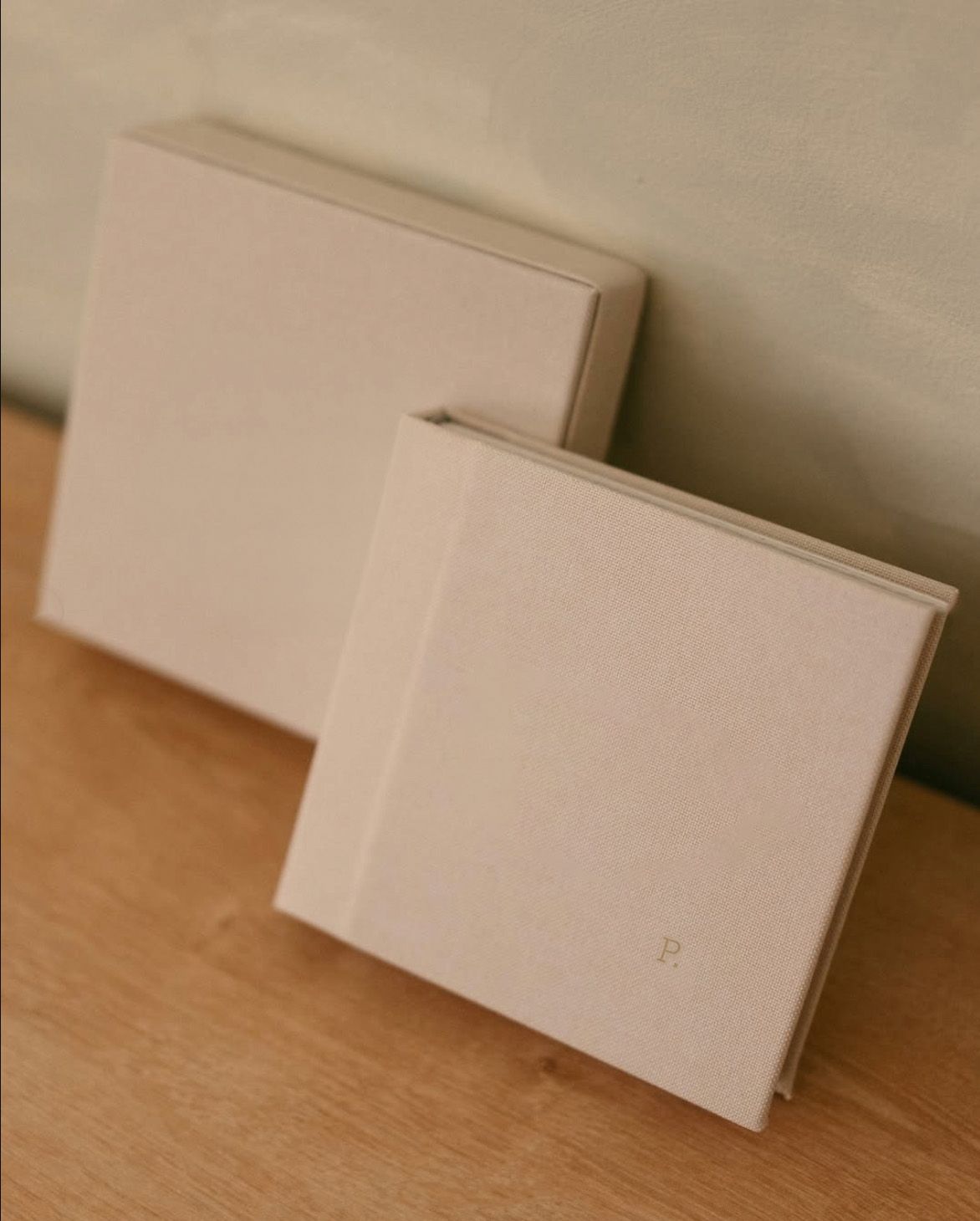 Two minimalist blush pink hardcover books stacked on a wooden surface against a neutral wall.