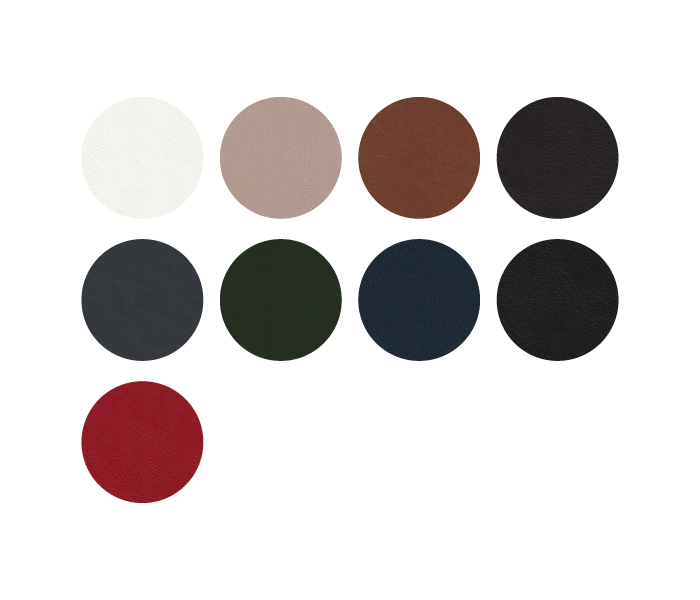 Color swatch palette featuring nine circles in white, taupe, brown, charcoal, navy, dark green, black, and burgundy.