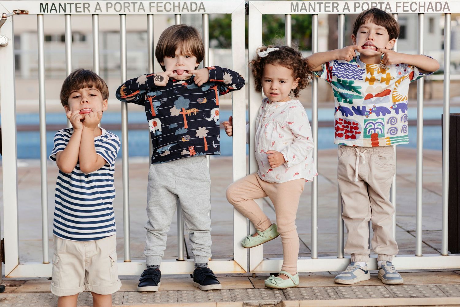 A collage of children's fashion photos showing casual summer outfits with stripes, khaki shorts and playful poses.