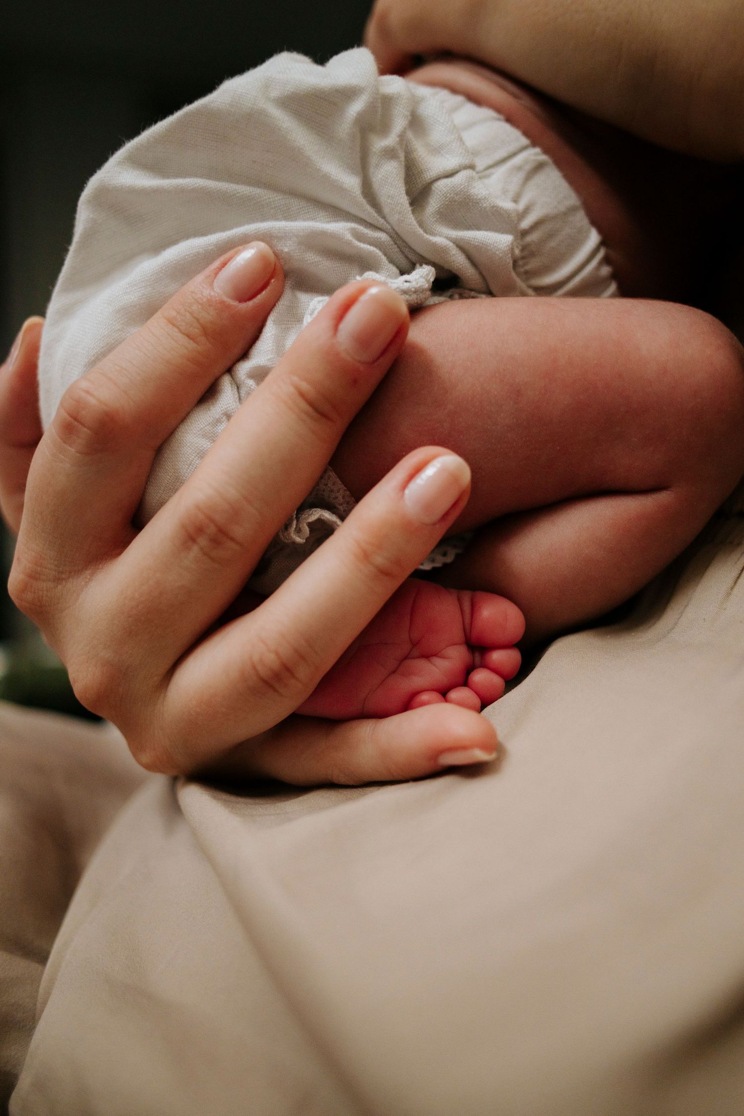 Close-up of hands holding newborn's tiny feet wrapped in white cloth.