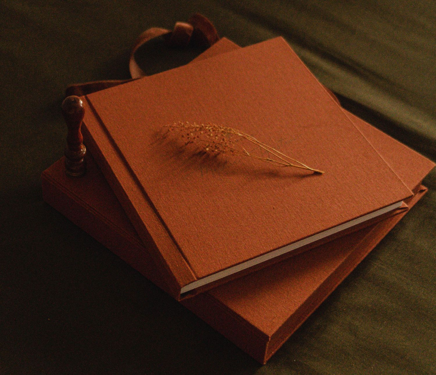 Two rust-colored hardcover journals stacked on a green surface, adorned with a dried wheat sprig and ribbon bookmark.