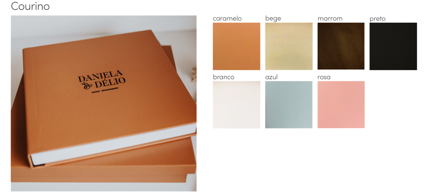 Courino photo album with tan leather cover and color swatches including beige, mocha, teal, and pink options.