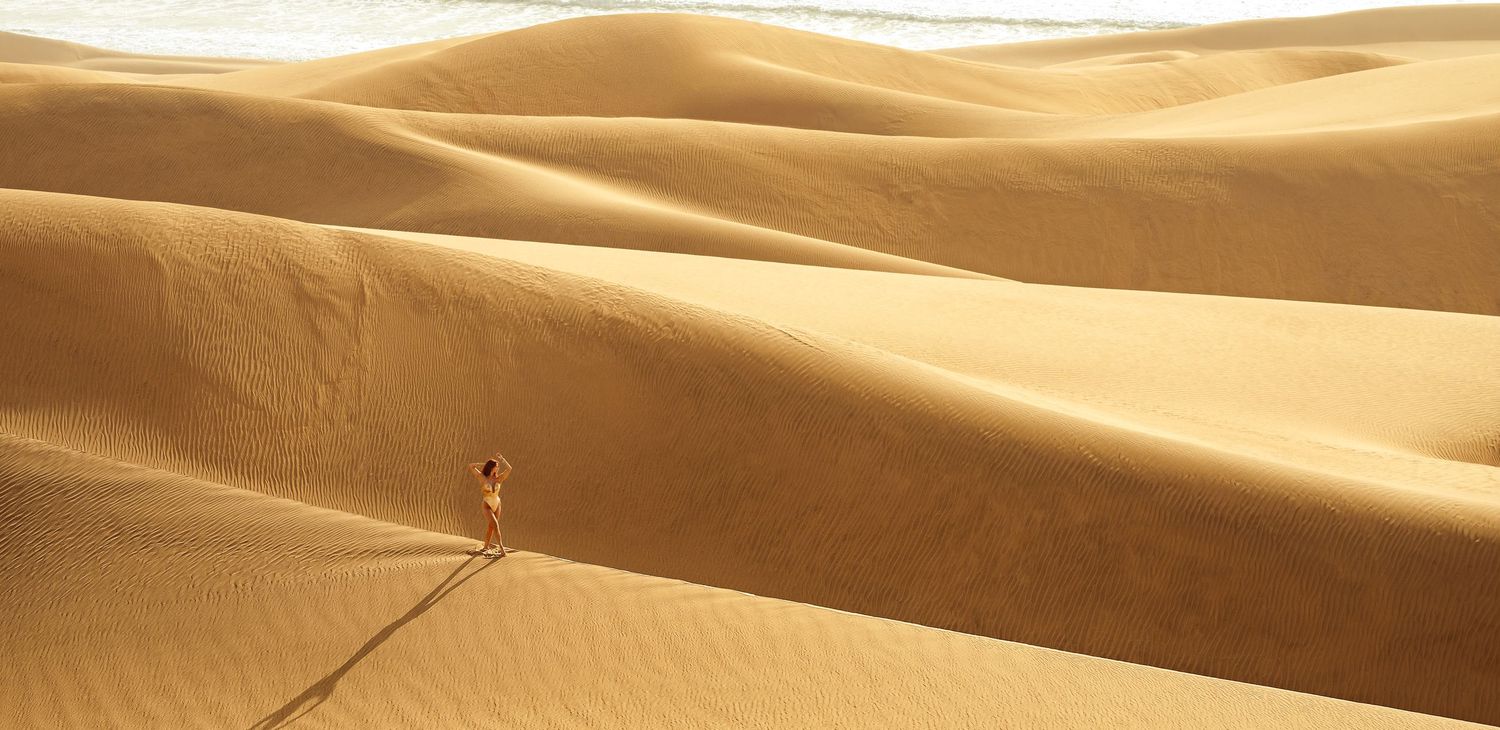 A person stands atop golden sand dunes stretching endlessly across a vast desert landscape.