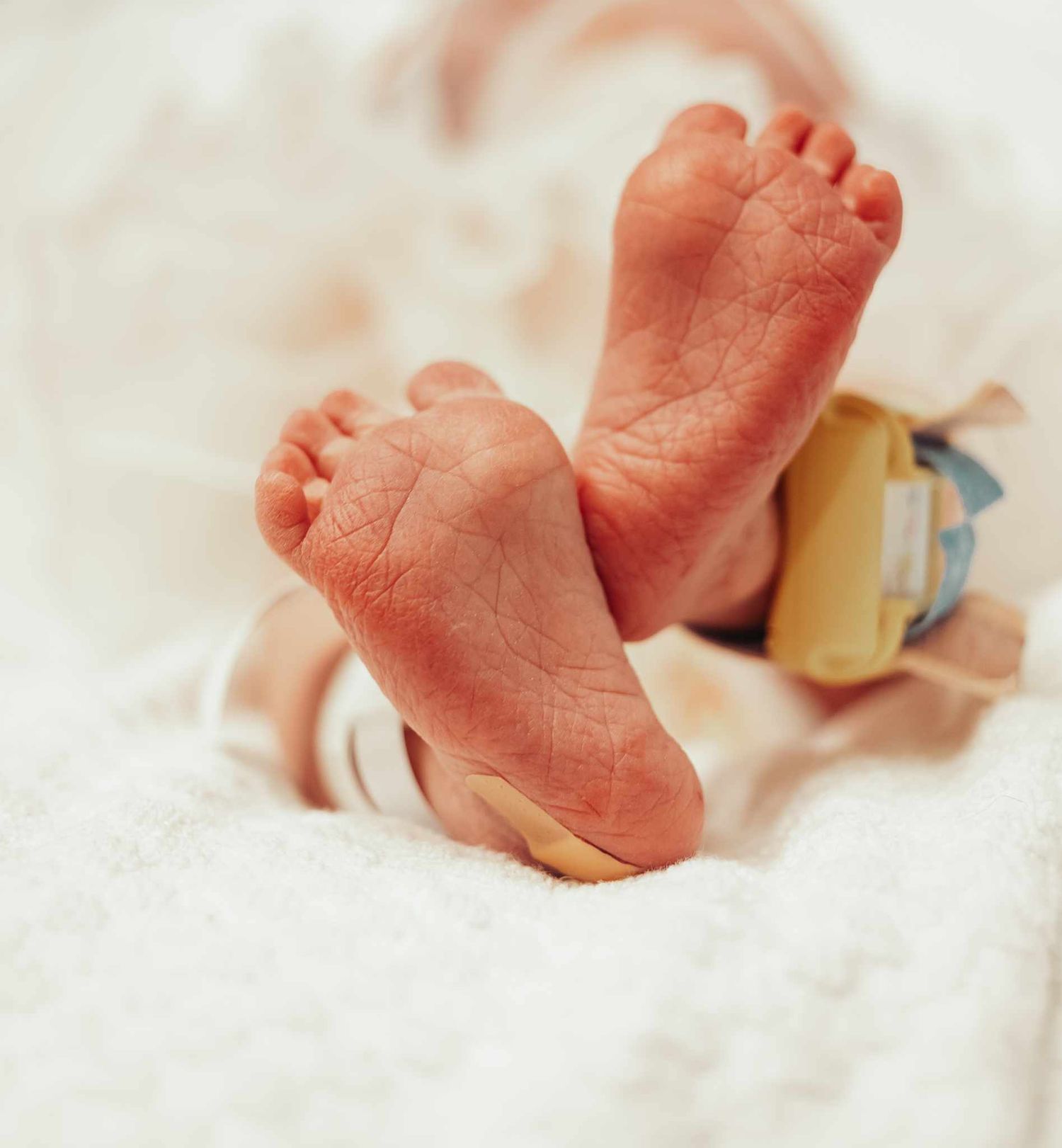 Infant feet in the hospital bed.
