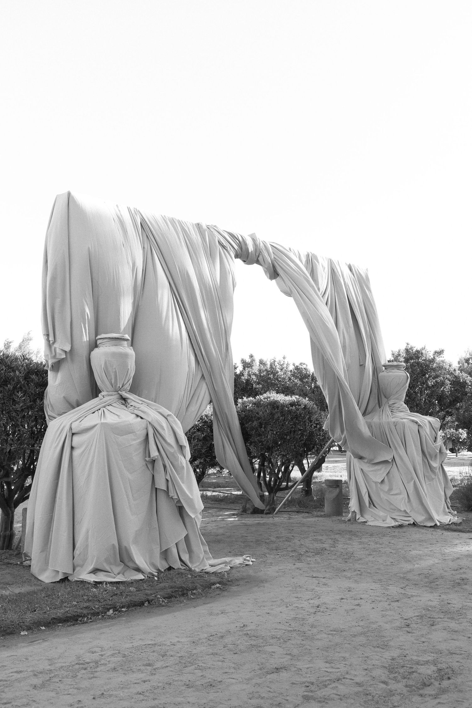 Row of white draped fabric sculptures arranged outdoors in a natural setting.