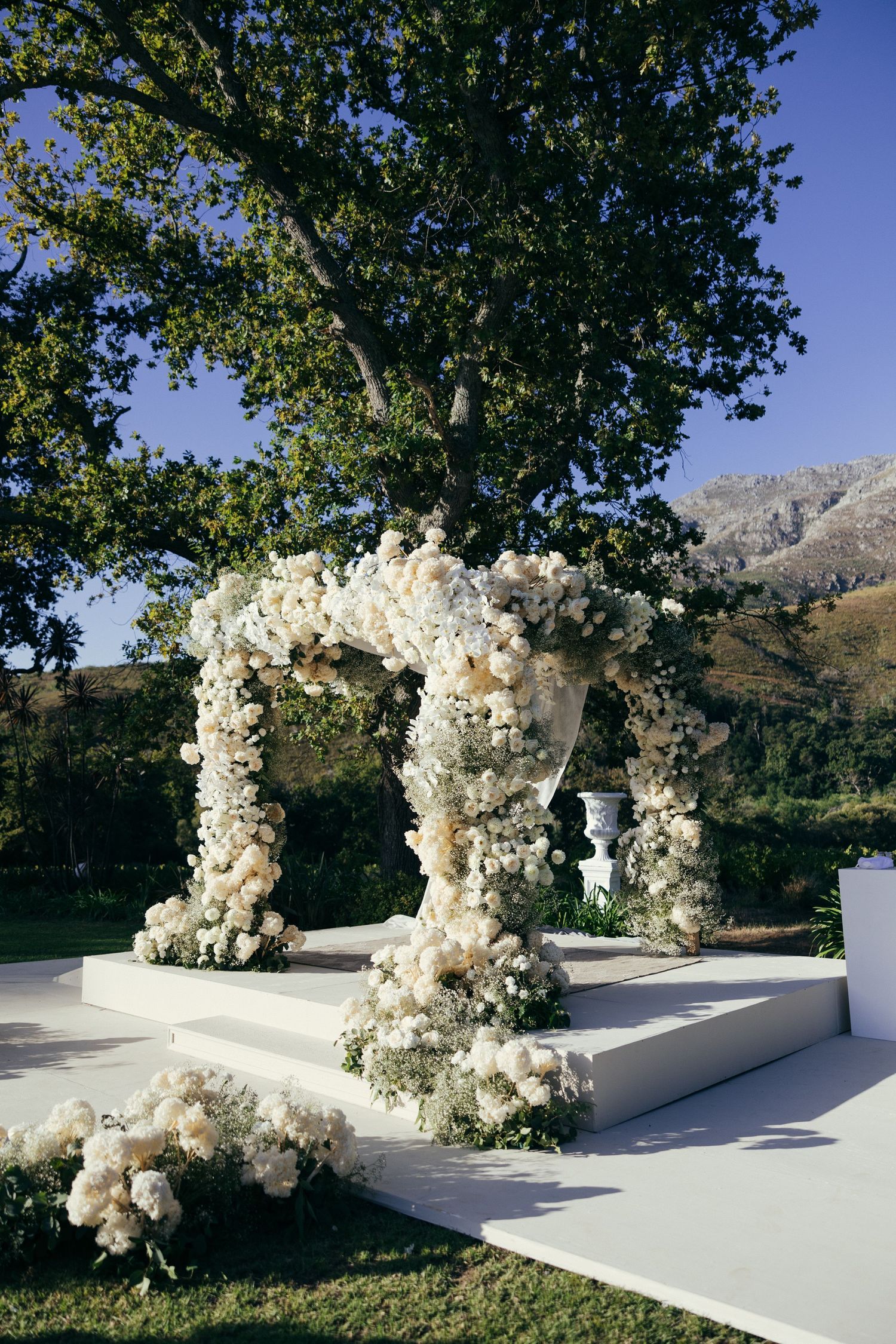 Elegant white floral wedding arch with cascading flowers set against a mountain backdrop and tree canopy.