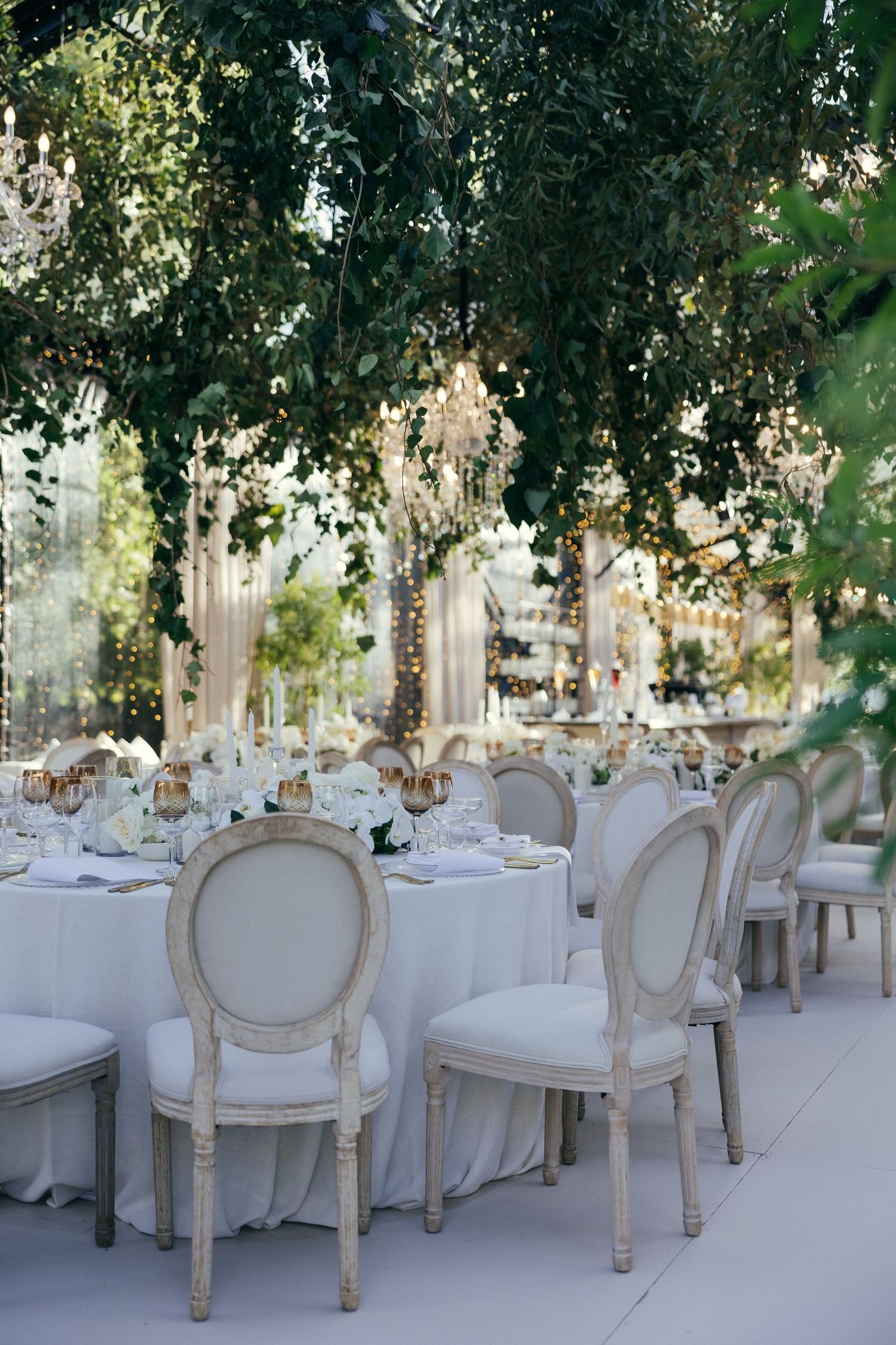 Elegant wedding reception setup with white French-style chairs and round tables under a canopy of trees.