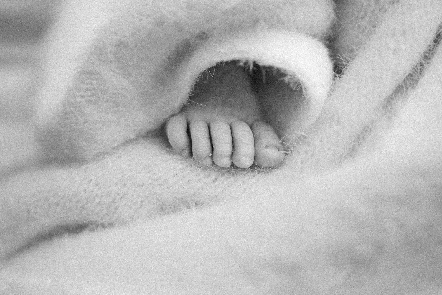 Close-up of newborn toes wrapped in textured white blanket