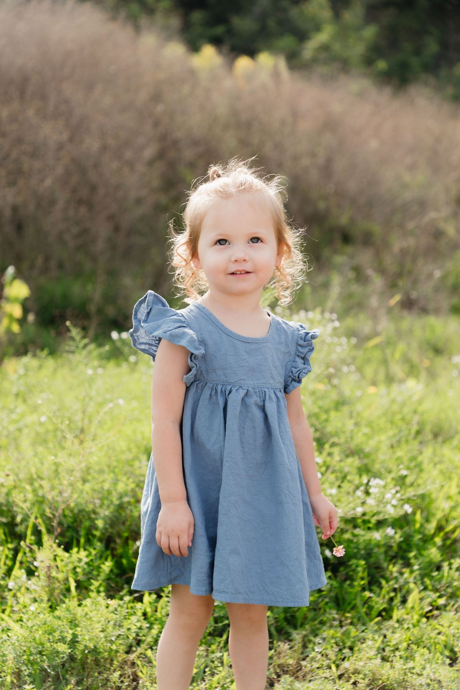 Adorable blonde toddler girl in a blue ruffle dress standing in a sunny green meadow field.