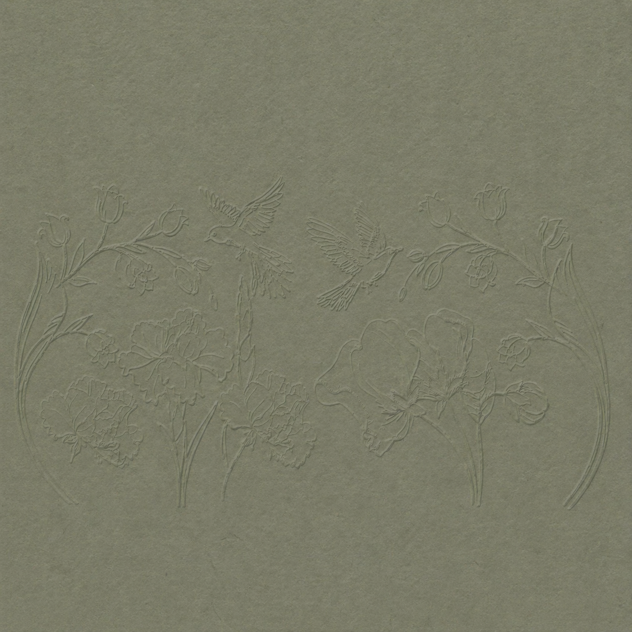Sage green textured paper background with subtle embossed floral botanical design pattern.