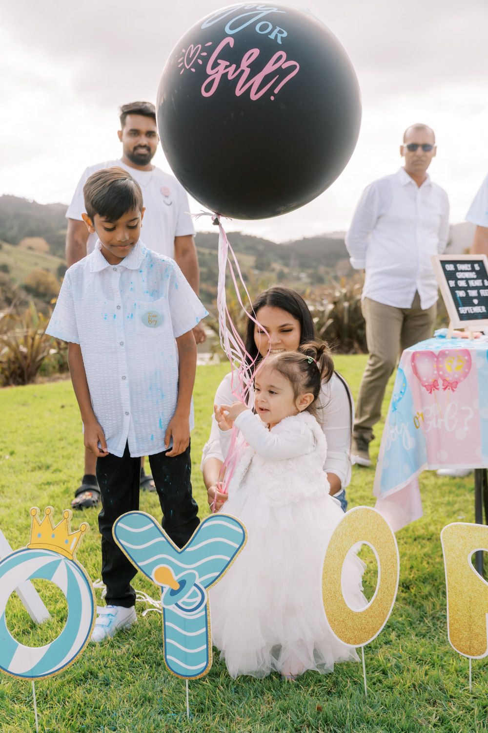 Family gathered outdoors at a gender reveal party with a black balloon and decorative letters on green grass.