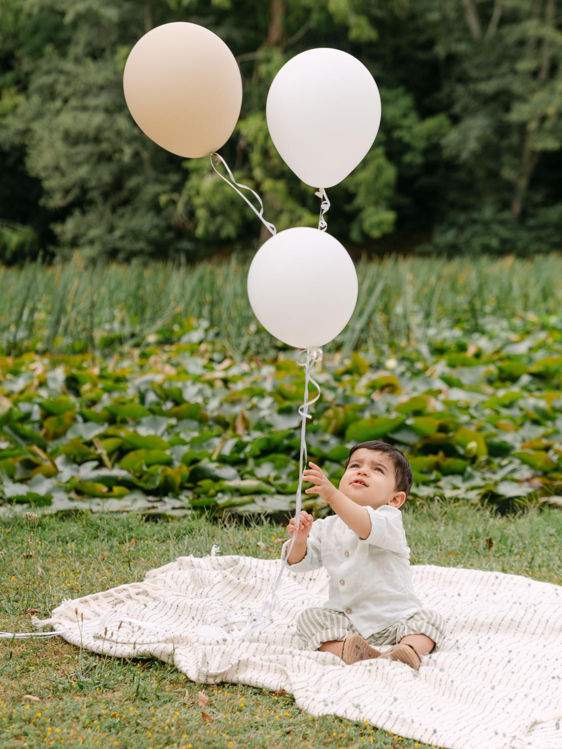 A baby sits on a white blanket outdoors, reaching up toward three white and beige balloons against a green backdrop.