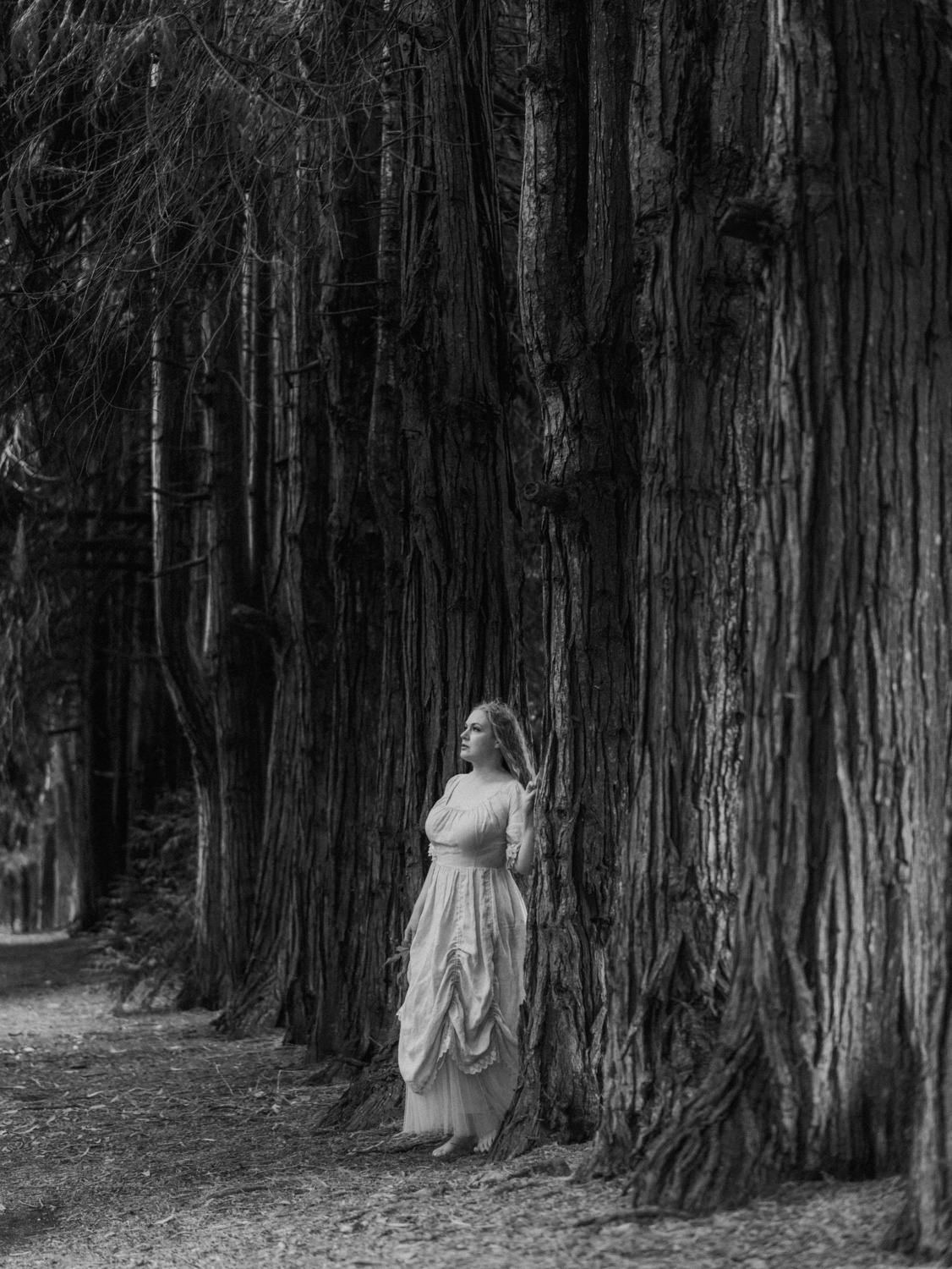 Black and white photo of a woman in a white dress standing among tall redwood trees in a forest path.