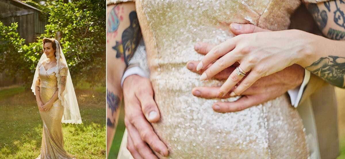 Tattooed couple in wedding attire, bride in gold sari, close-up of hands with wedding rings on a sparkly dress.