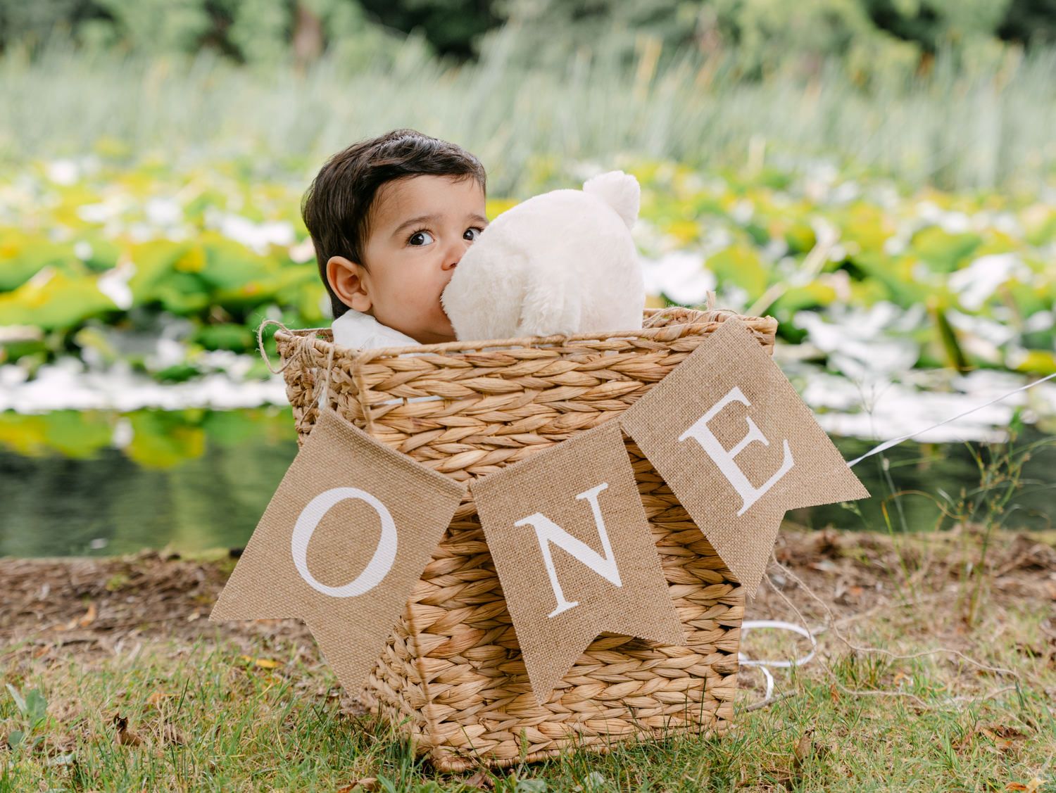 A baby sitting in a wicker basket with a burlap ONE banner, celebrating their first birthday outdoors near a pond.