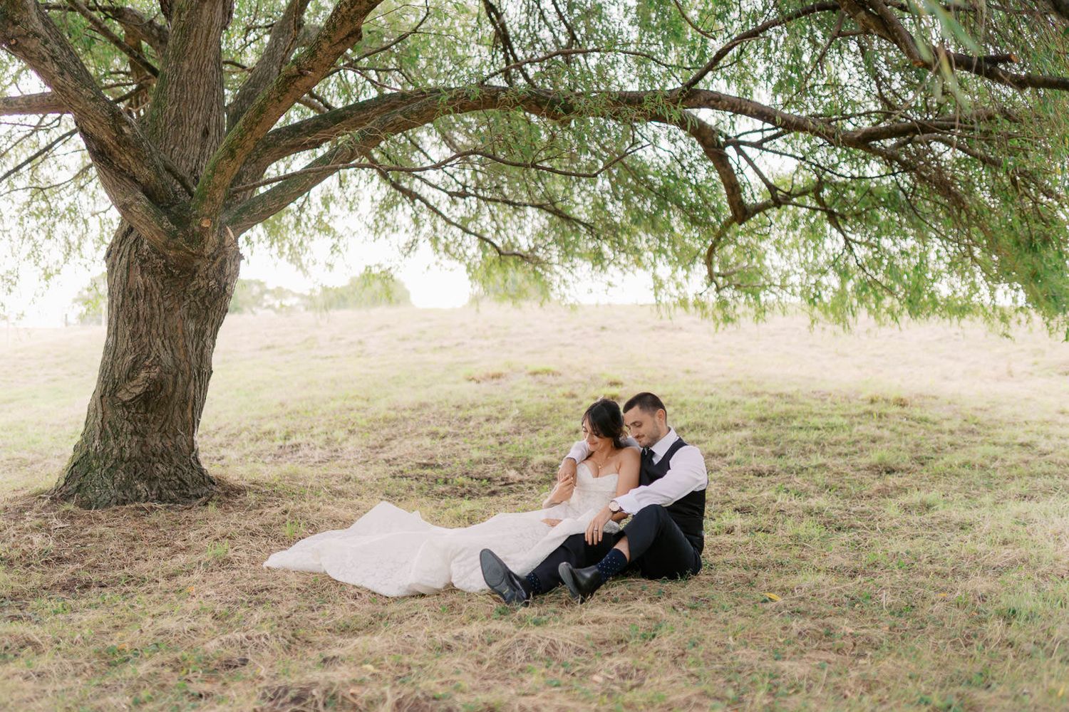 Bride and groom sitting together under a large willow tree in an open field, bride's white gown spread across the grass.