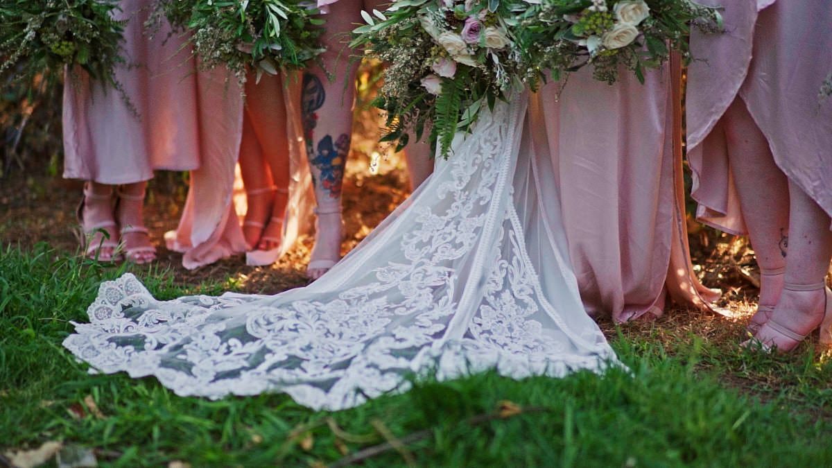 Bride in lace wedding gown train surrounded by bridesmaids in blush pink dresses holding floral bouquets on green grass.