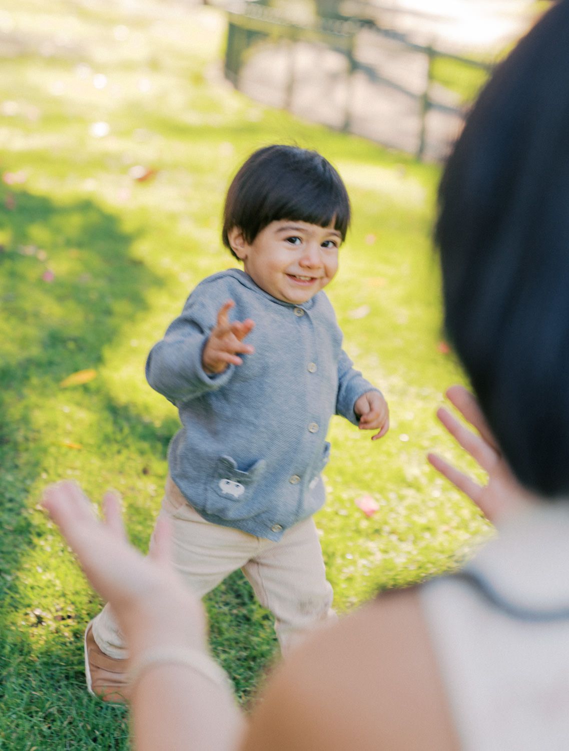 A happy toddler in a blue cardigan reaches toward a person on a sunny green lawn.