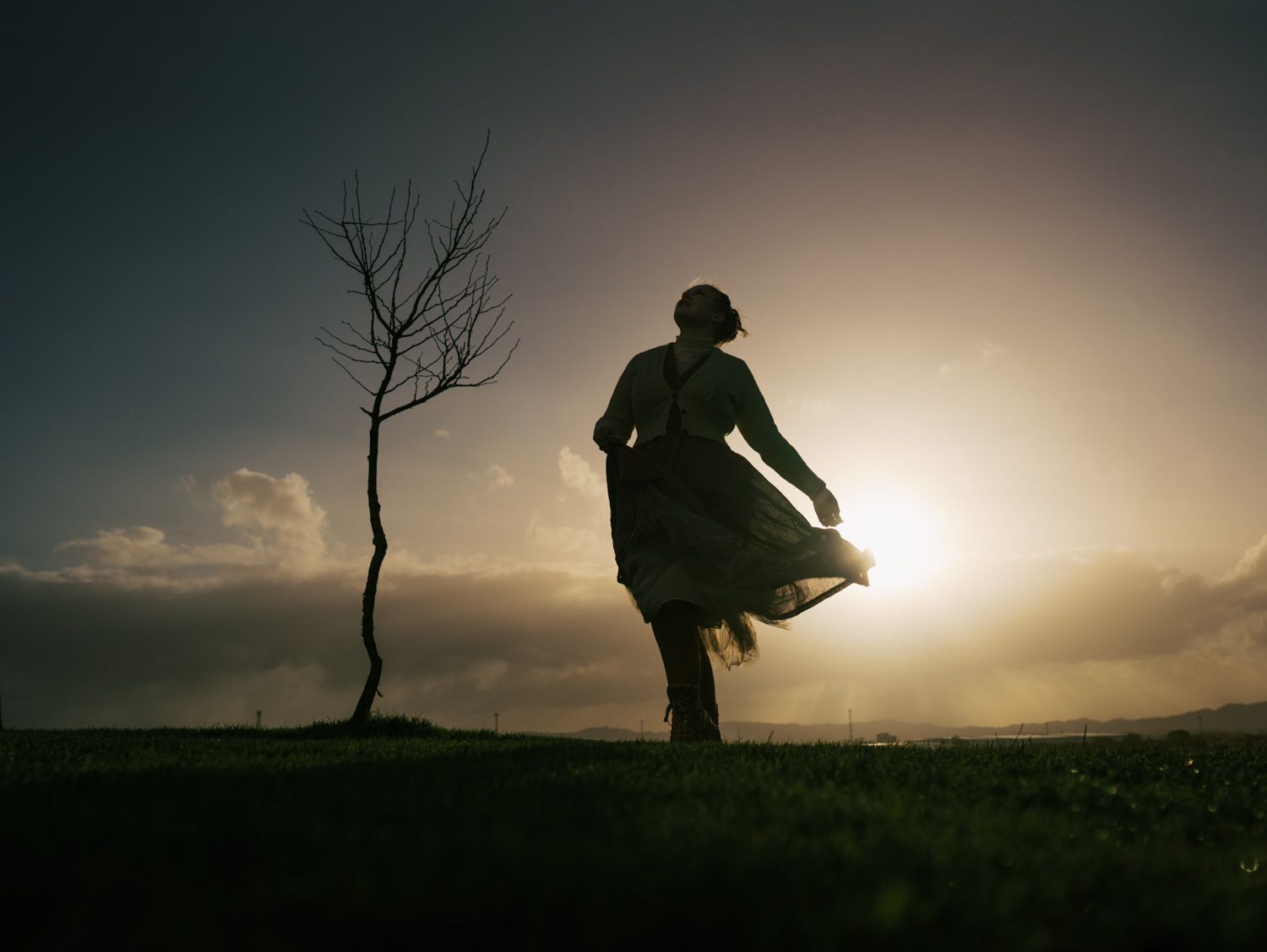 Silhouette of a woman in a flowing dress standing near a bare tree at sunset on a grassy hill.