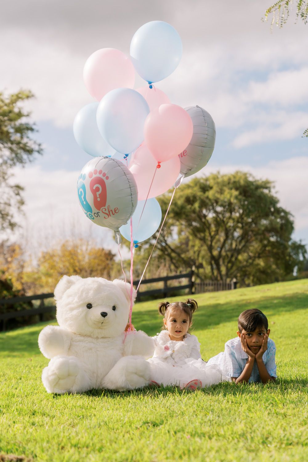 Two children sit on grass with a large white teddy bear holding pink and blue gender reveal balloons outdoors.