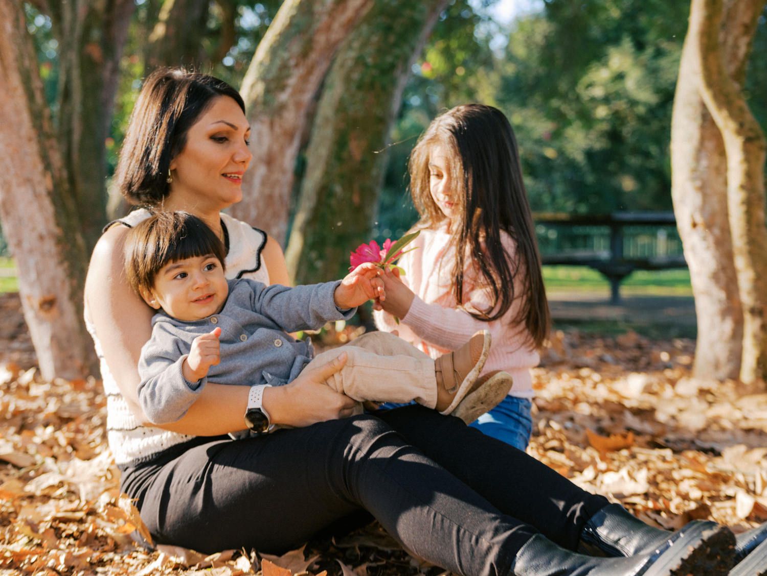 A mother sits on autumn leaves in a park with her toddler son and young daughter holding a pink flower.