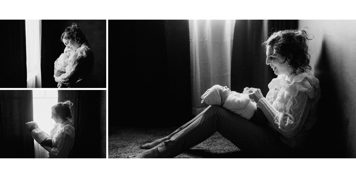 Black and white triptych of a woman in a knit top, posed thoughtfully near a window and wall in soft light with her baby.