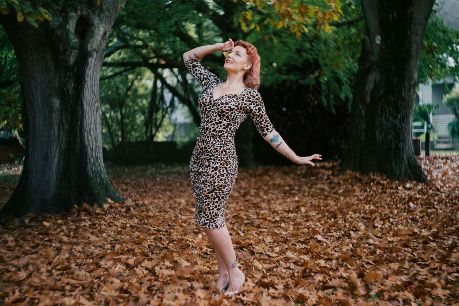 Woman in leopard print dress poses gracefully among autumn leaves in a tree-lined park setting.