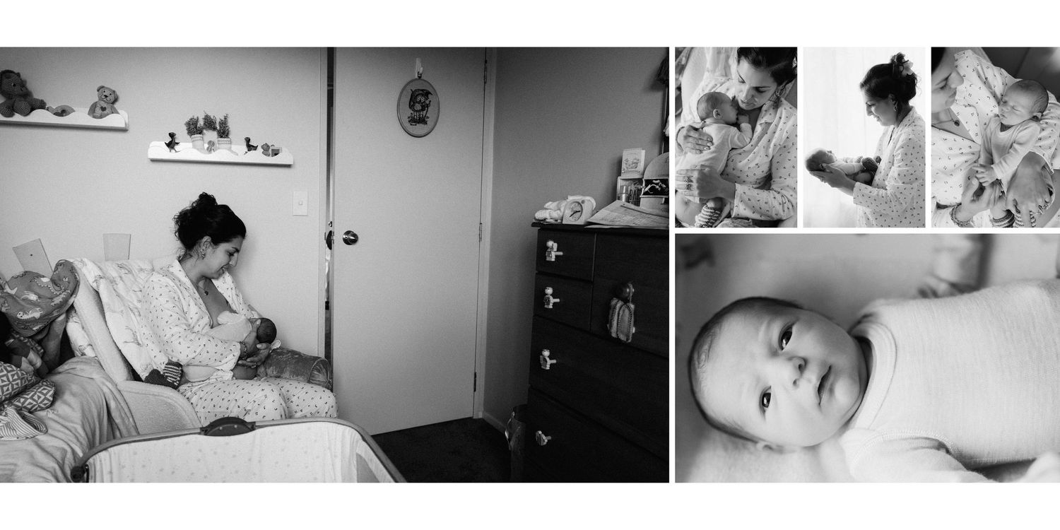 Black and white newborn photography collage showing mother breastfeeding and close-up portrait of sleeping baby.