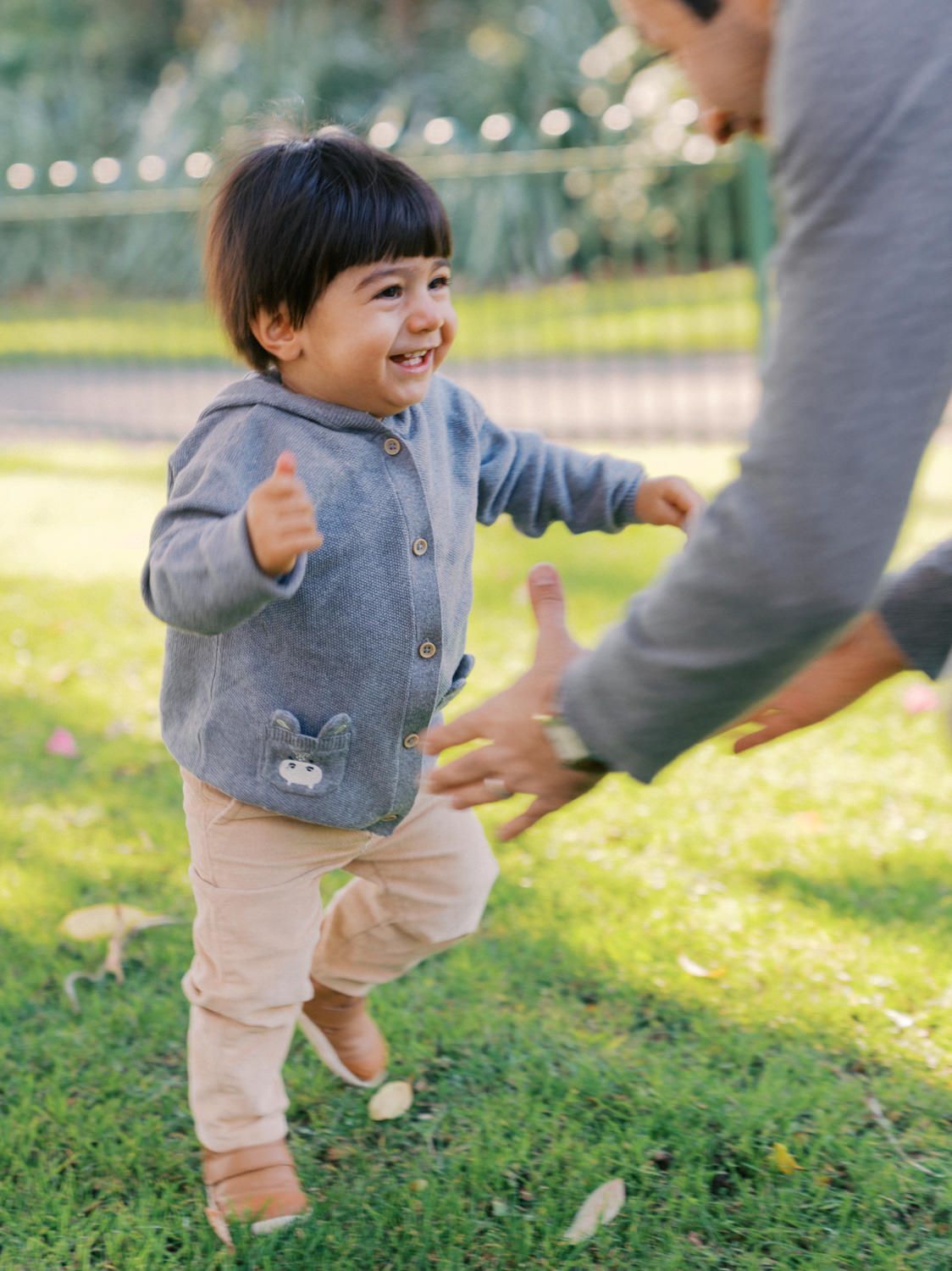 A laughing toddler in a gray bunny cardigan reaches toward an adult on a sunny green lawn.