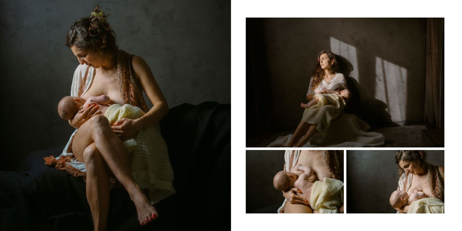 Mother breastfeeding newborn baby in soft natural light, intimate baby photography session.