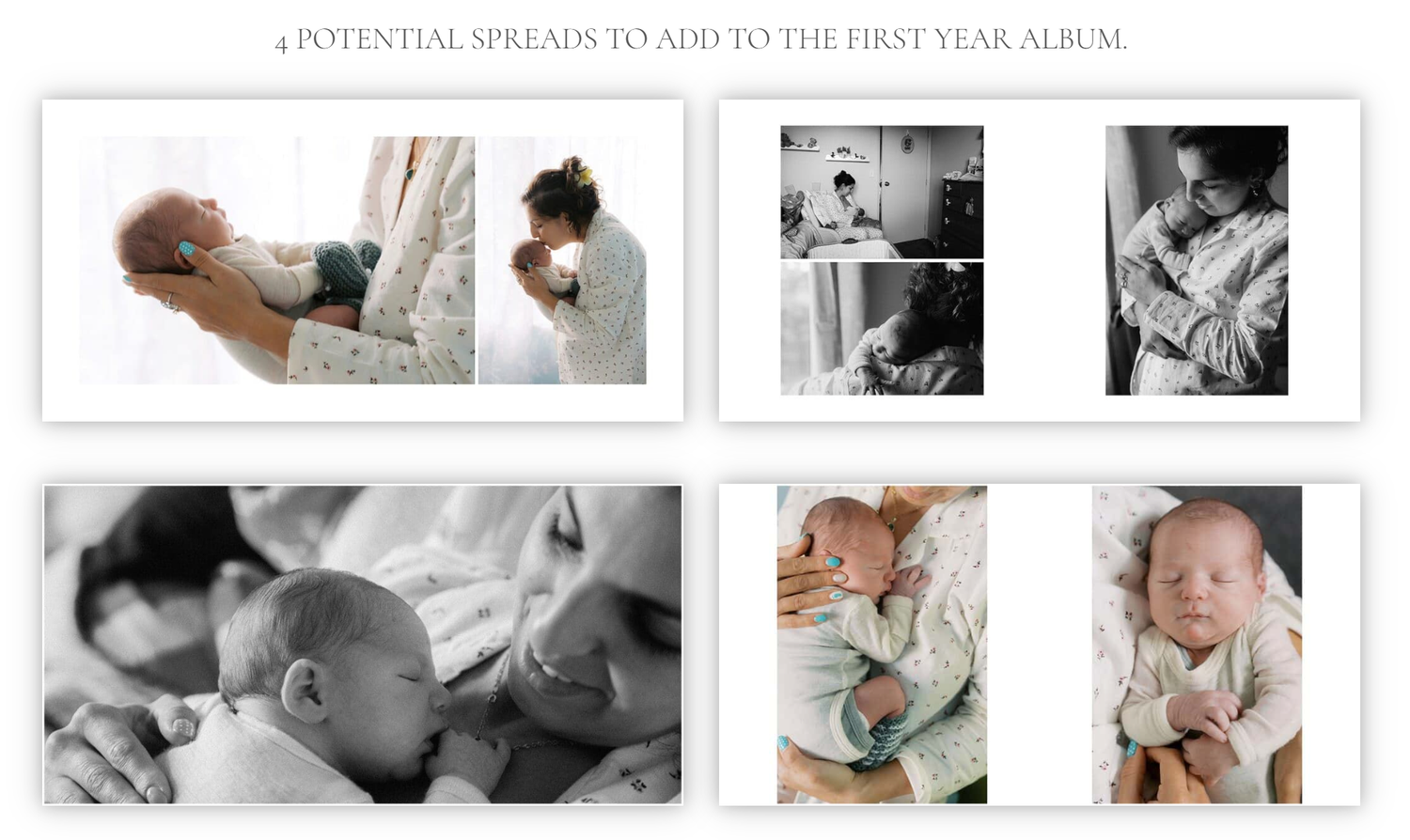 Four black and white newborn baby photo spreads for a first year album, featuring tender family moments.