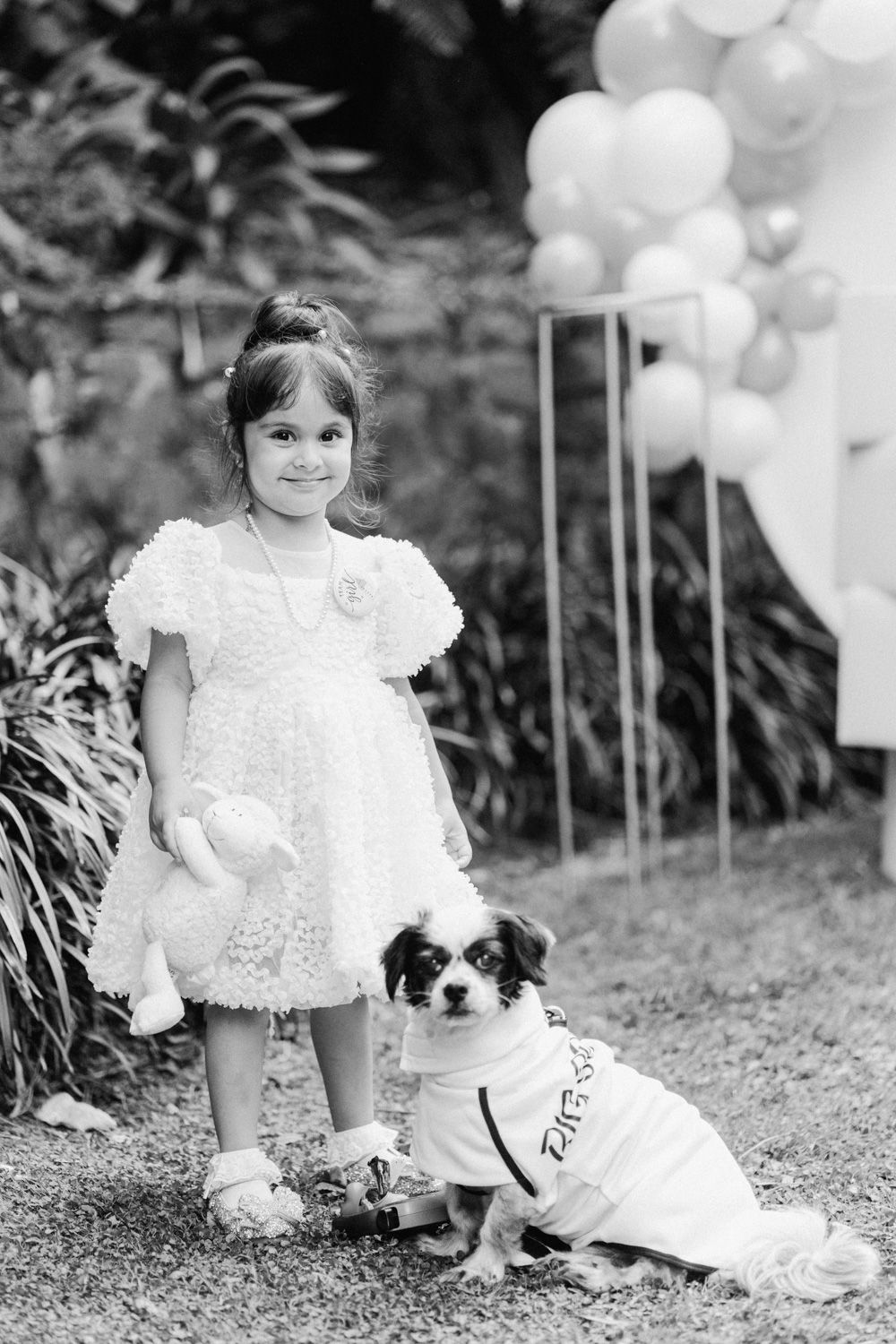 Black and white photo of a young girl in a white dress holding a stuffed animal beside a small dog in a outfit near balloons.