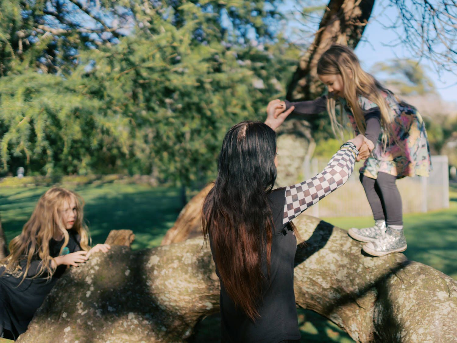 A woman and two young girls playing on large tree branches in a sunny park.