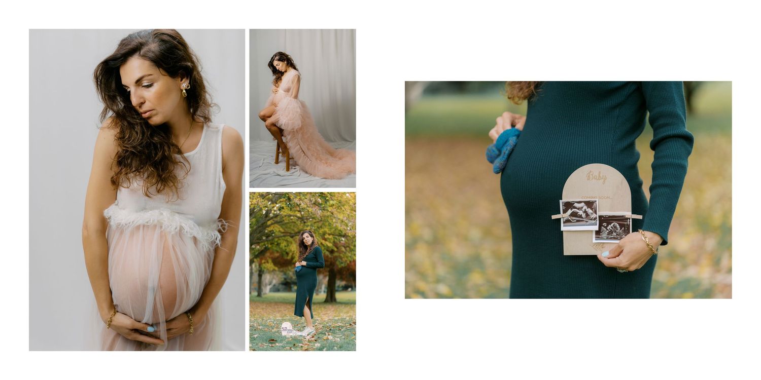 Pregnant woman in sheer white dress poses outdoors, and then in green holding ultrasound photos.