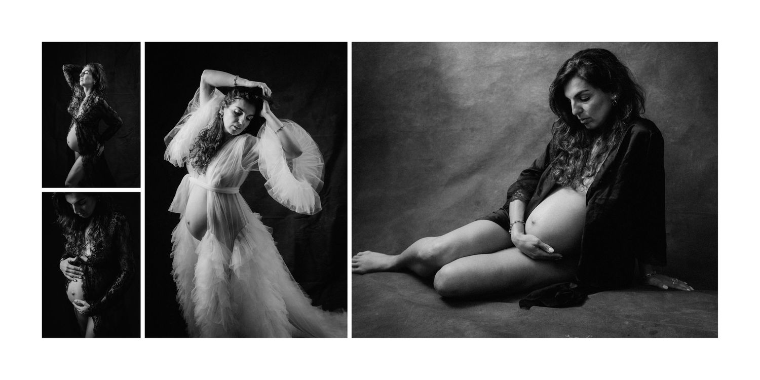 Black and white maternity photo collage featuring elegant pregnant woman poses in studio lighting.