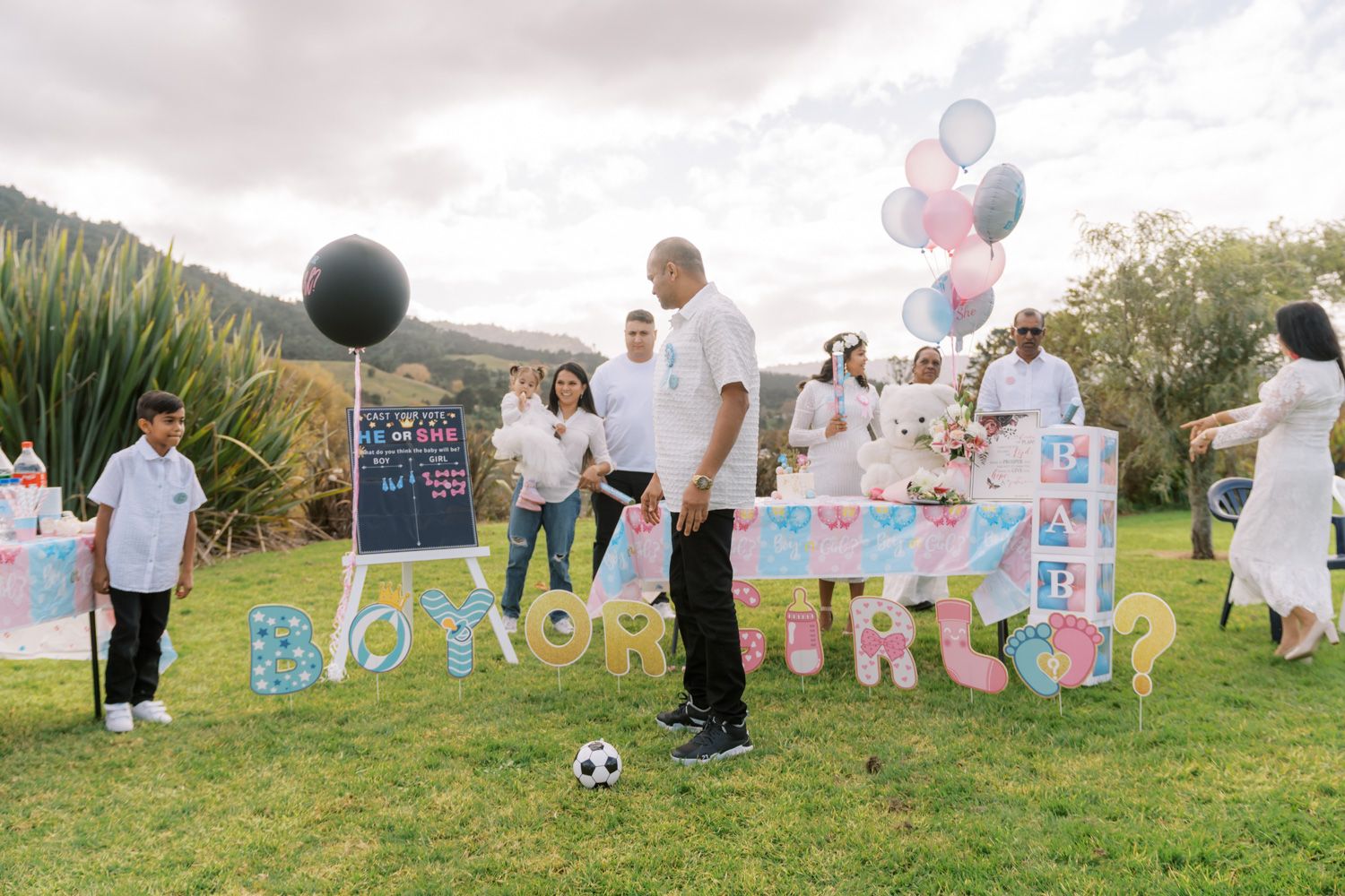 Gender reveal party on grass with boy or girl signs, balloons, and guests awaiting the big announcement outdoors.