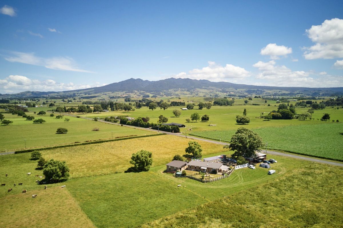 Aerial view of lush green farmland with scattered trees, farm buildings, and a mountain range under a blue sky.