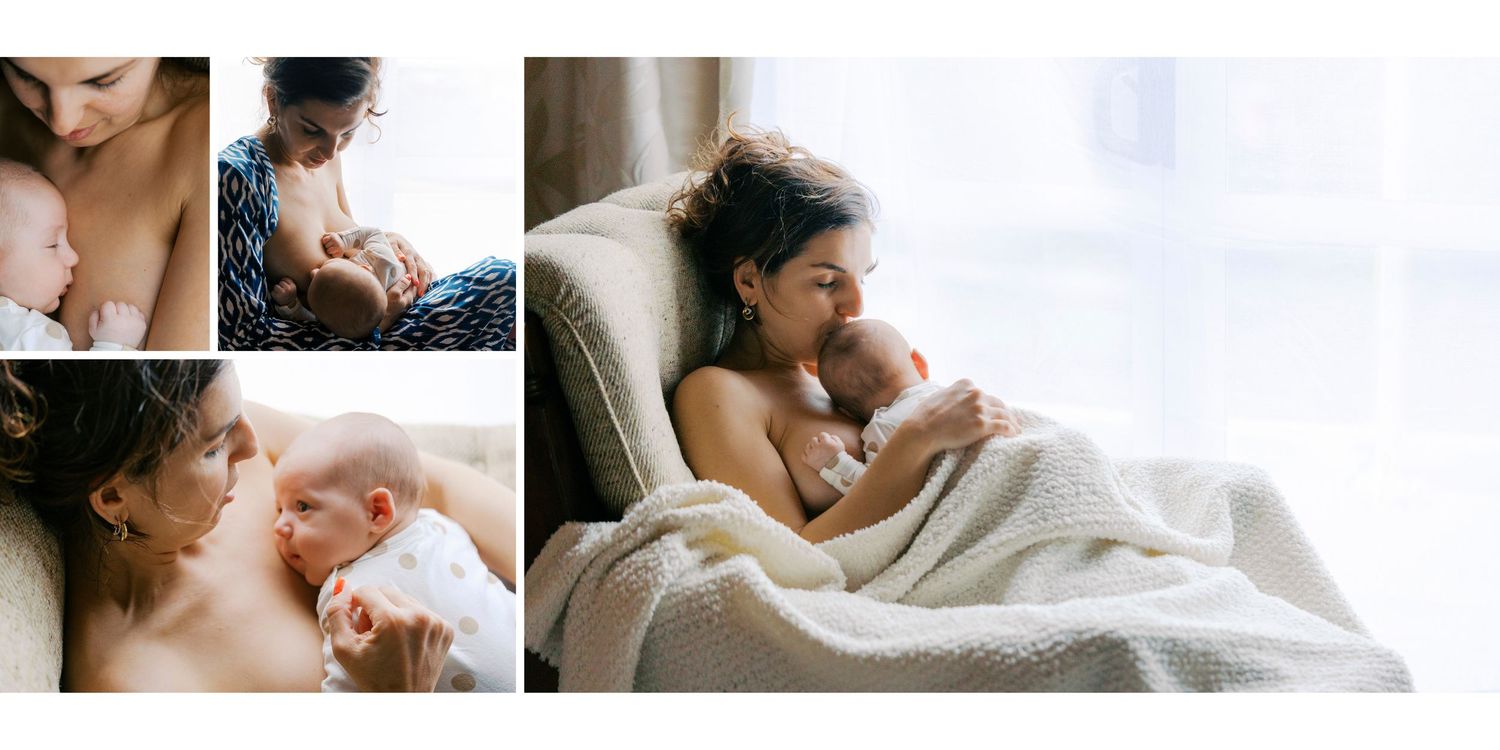 A mother tenderly holds and gazes at her newborn baby wrapped in a soft blanket near a bright window.