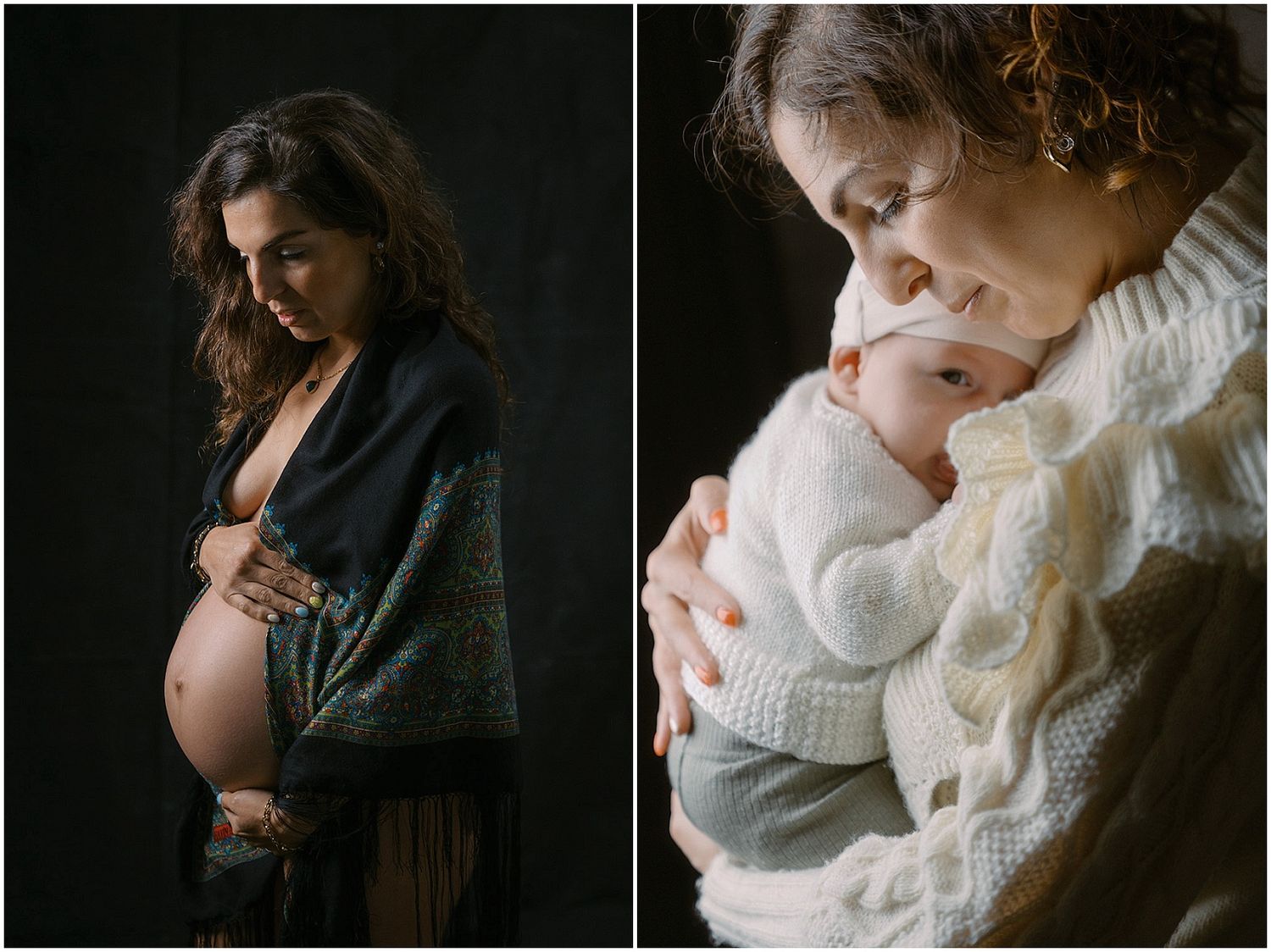 Pregnant woman in dark studio and mother in white sweater tenderly holding newborn baby in maternity and newborn photos.