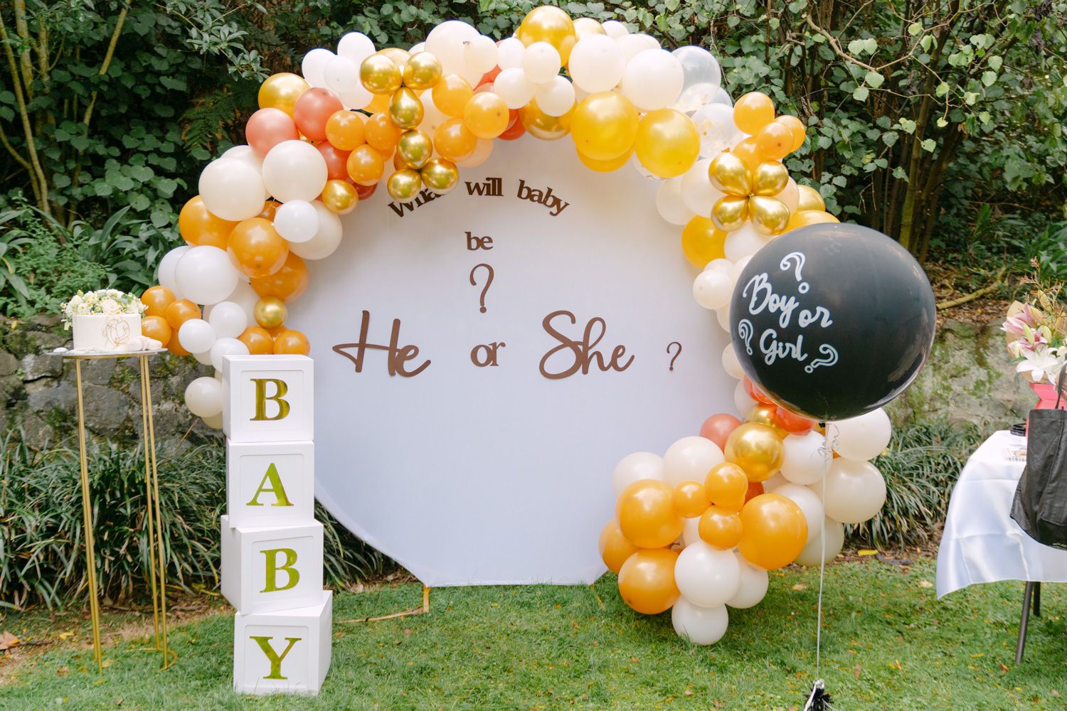 Gender reveal party setup with balloon arch in gold, white, and pink, featuring a 'He or She?' sign and BABY blocks.